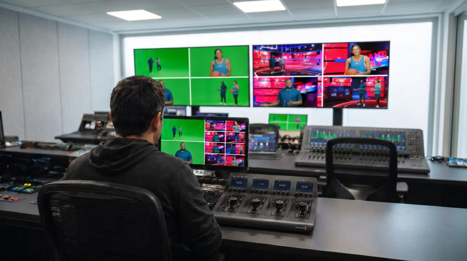 Control room per virtual production con workstation, segnali video e tracking data